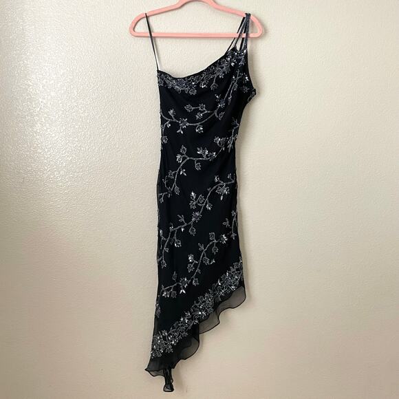 Vintage Scala Dress Womens Medium Black Asymmetric Beaded Sheer Silk Whimsigoth - Picture 3 of 13
